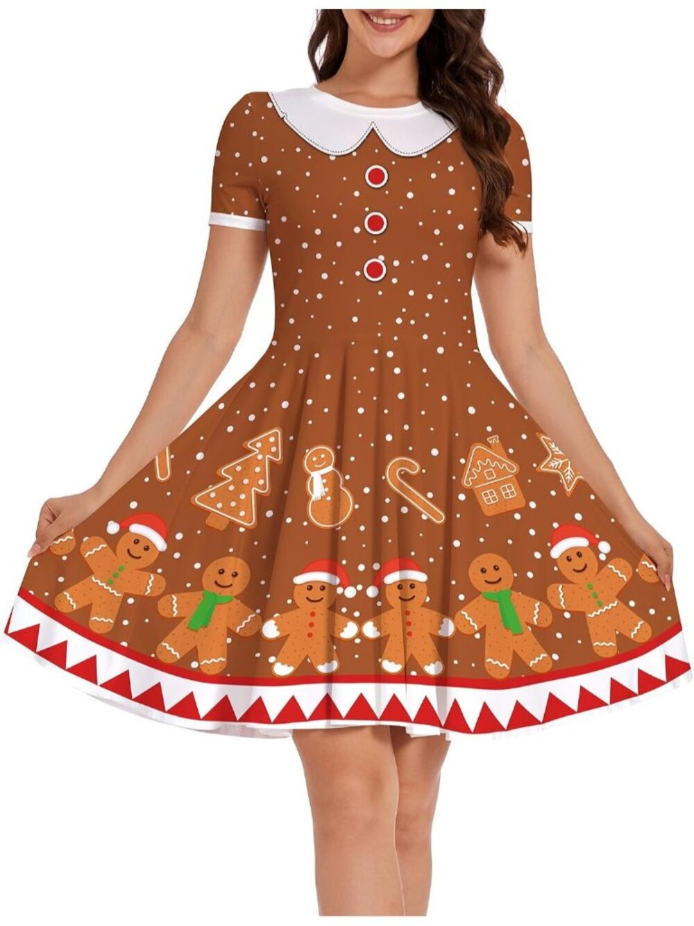 Women's Gingerbread Comfortable Print Holiday Xmas Belt Ugly Christmas Dress